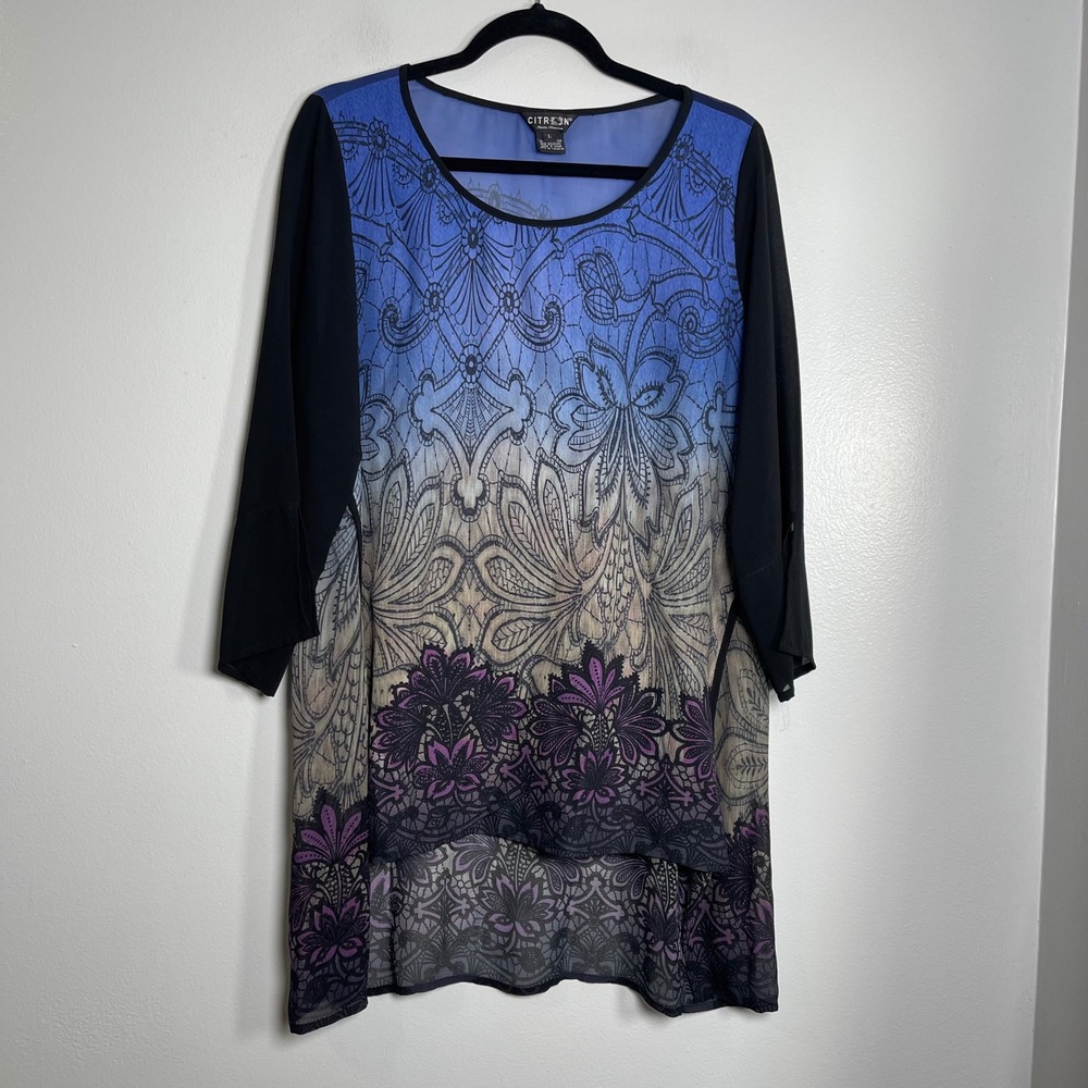 CITRON Sheer Lace Print‎ Tunic Top Large Black Multicolor Artsy Boho Statement